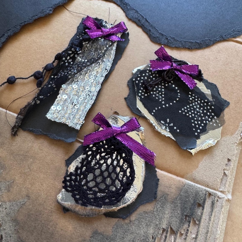 Handmade gothic scrappy tags set of 3 black silver purple whimsigoth whimsy